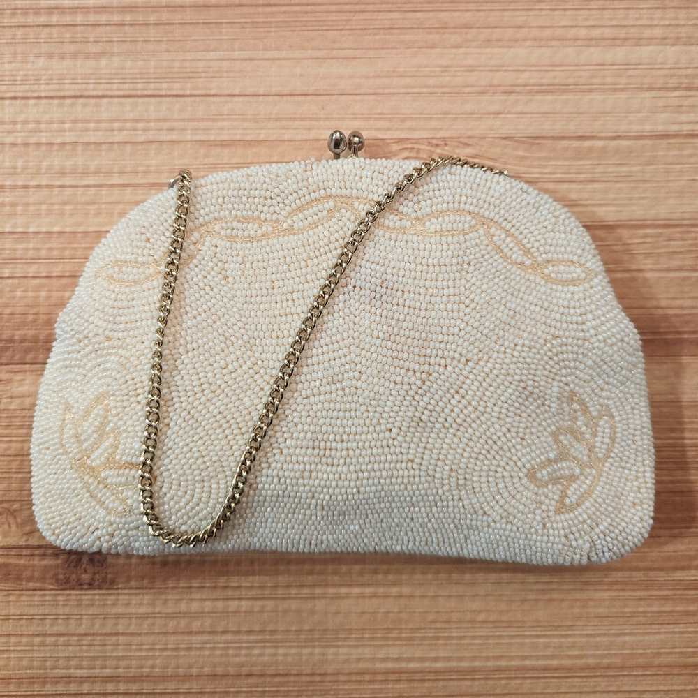Japanese Beaded Clutch Purse Evening Bag White Lotus Flower Vintage Small 7 inch